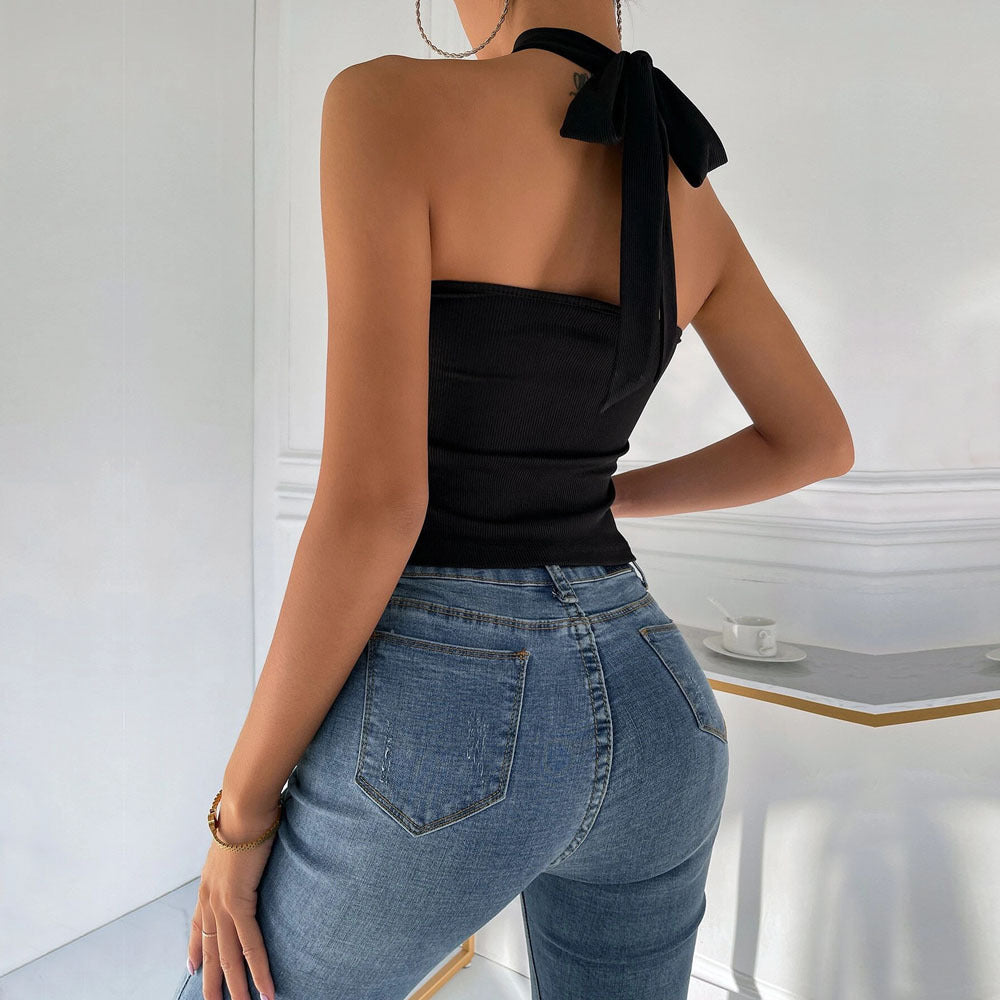 Solid Color Halterneck Crossover Vest Knitted Sexy Slim Wholesale Crop Tops Women'S