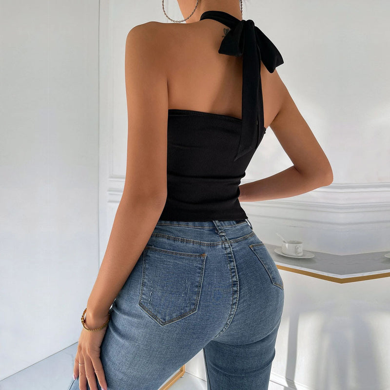 Solid Color Halterneck Crossover Vest Knitted Sexy Slim Wholesale Crop Tops Women'S