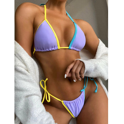 Sexy Colorblock Lace Up Mini Bikini Split Swimsuits 2pcs Sets Womens Swimwear Wholesale Vendors