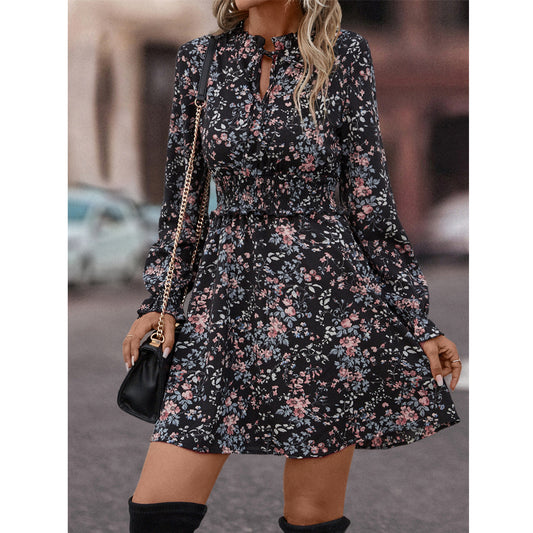 Floral Print Long Sleeve Lotus Leaf V-Neck A-Line Dress Wholesale Dresses