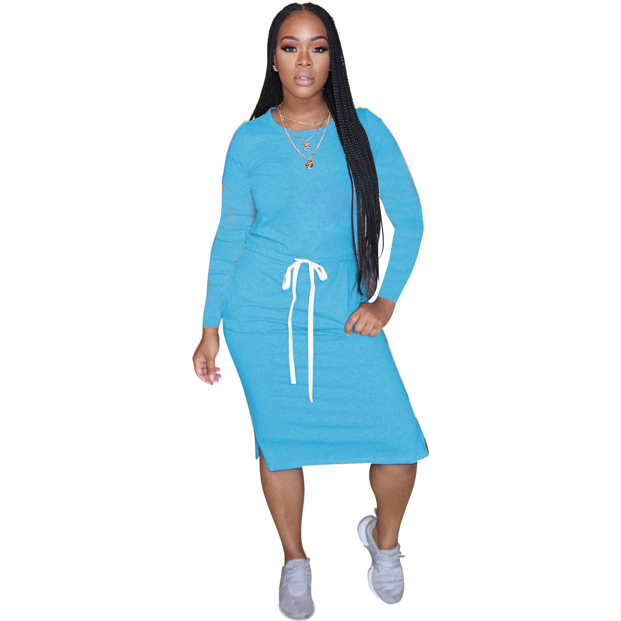 Simple Solid Color Long Sleeve Slit Design Casual Dresses Womens T Shirt Dress Wholesale