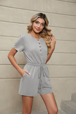 Solid Color Loose Short Sleeve Tie Pocket Rompers Wholesale Jumpsuits