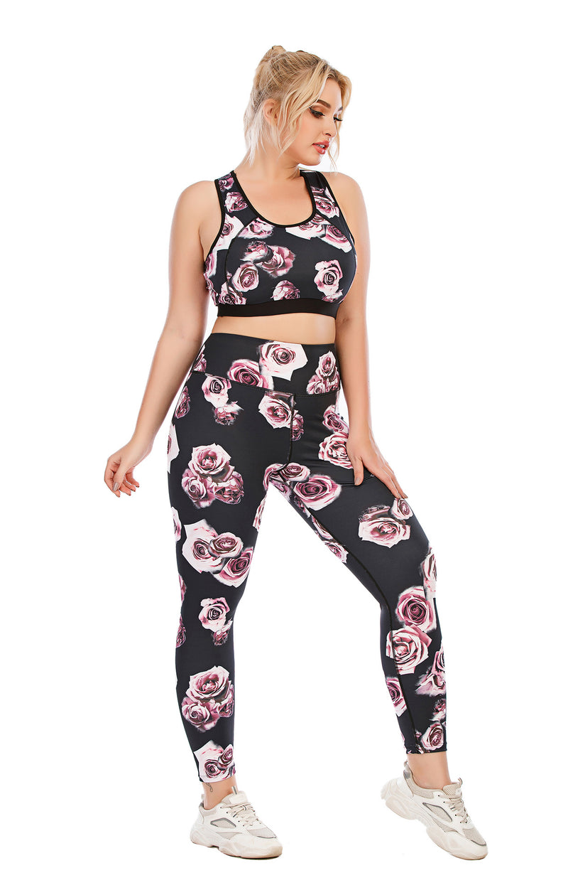 Sport Bra & Leggings Rose Print Curvy Yoga Fitness Suits Workout Plus Size Two Piece Sets Wholesale Activewears