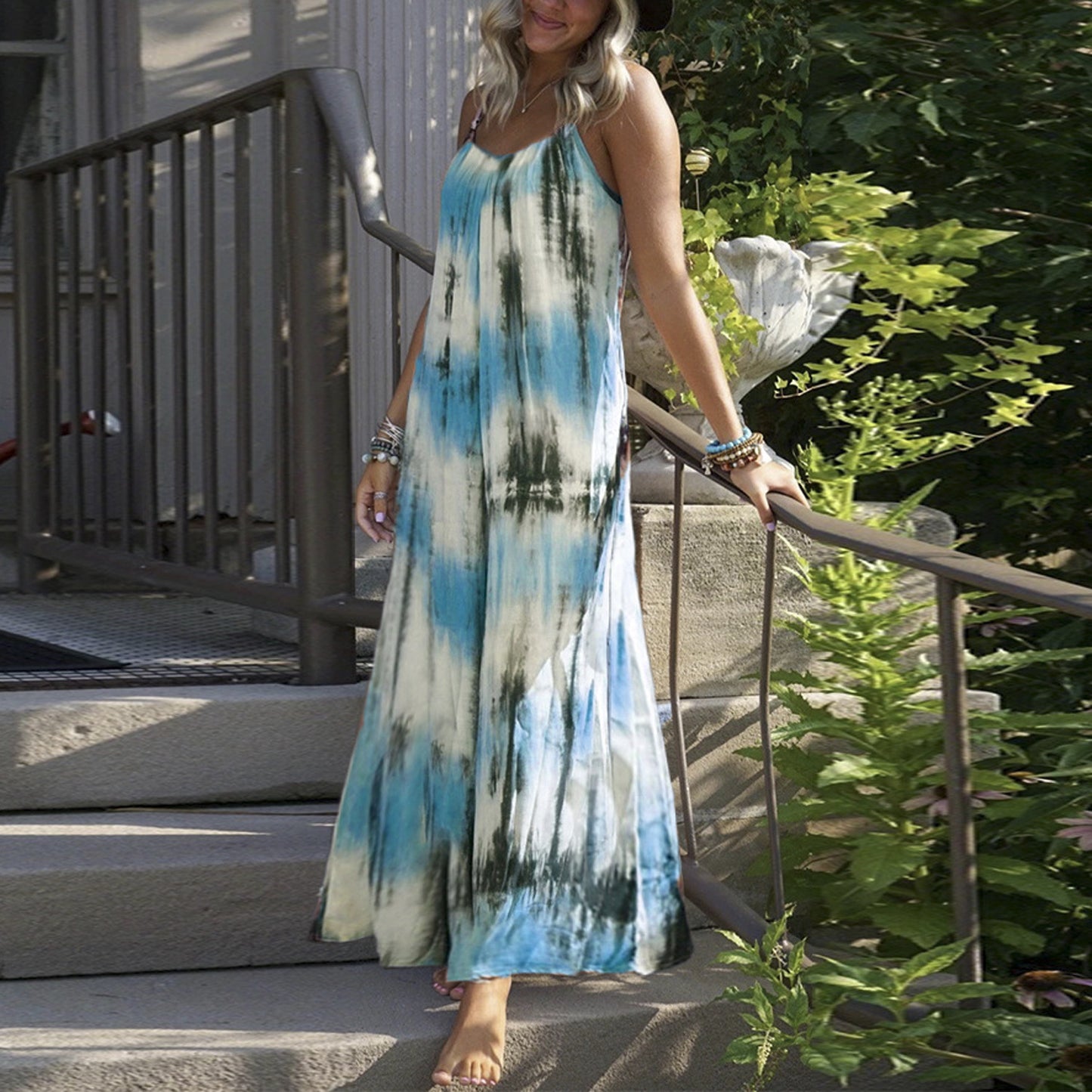 Open Back Tie Dye Print Sling Dress Casual Beach Wholesale Maxi Dresses