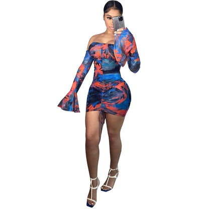 Off Shoulder Printed Mesh Long Sleeve Sexy Drawstring Bodycon Mini Dress Wholesale Dresses