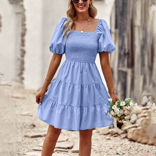 Square Neck Short Sleeve Pleated Solid Color A-Line Dress Wholesale Dresses