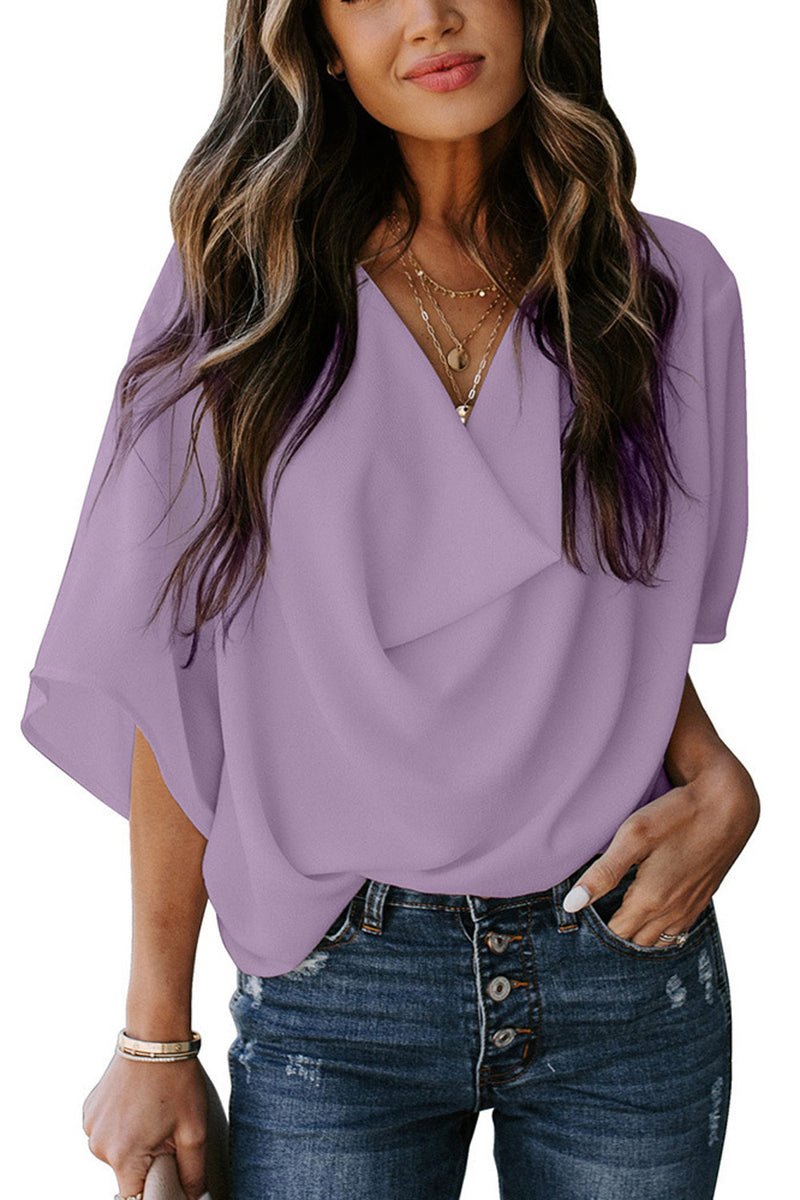V-Neck Casual Mid-Sleeve Loose Women Shirt Wholesale Blouse