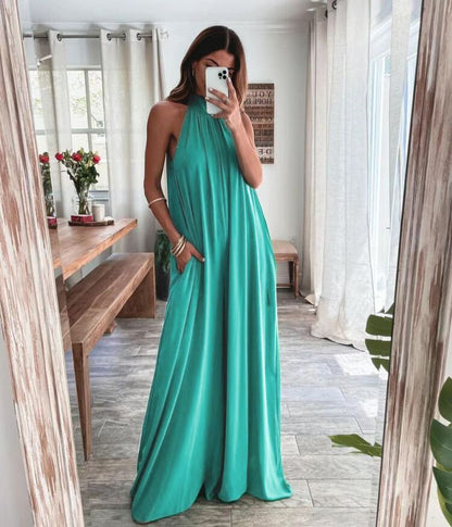 Solid Color Sleeveless Halterneck Loose Wide-Leg Womens Satin Jump Suits Wholesale Jumpsuits