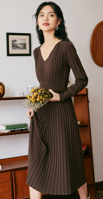 Solid Color V Neck Button Design Wholesale Jersey Dresses Mid Length Sweater Dress Elegant