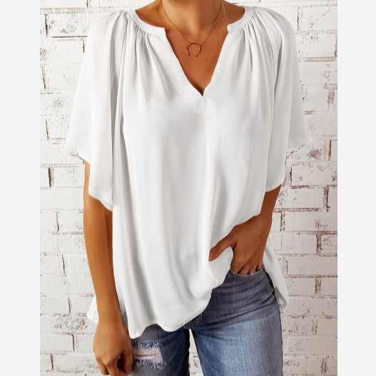 Solid Color Short Sleeve V Neck Casual Loose Wholesale Blouses Summer