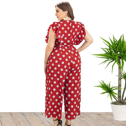 Retro Polka Dot Print Lace Up Curve Jumpsuits Wide-Leg Ruffles V Neck Wholesale Plus Size Clothing Casual