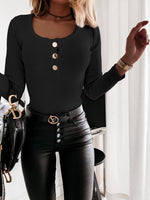 Casual Metal Buttons Crew Neck Slim Solid Color Knit Tops Wholesale Women Clothing
