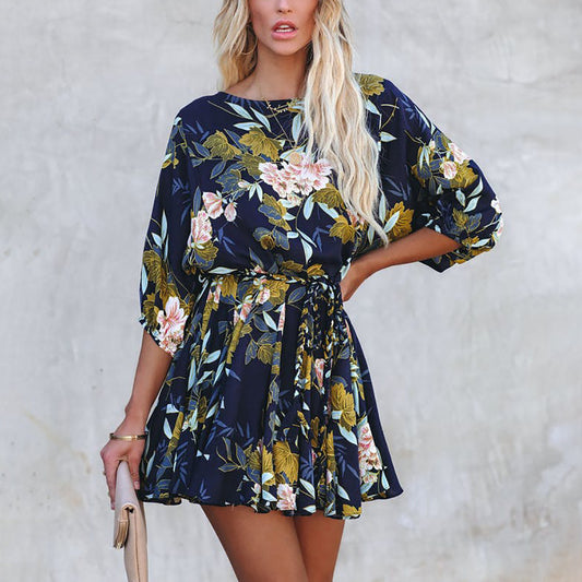 Floral Print 3/4 Sleeve Tie Waist Chiffon Wholesale A Line Dresses For Women Summer