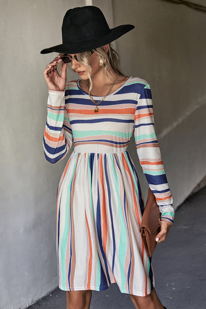 Classic Simple Casual Long-Sleeved Striped Color Contrast Dress Wholesale Dresses