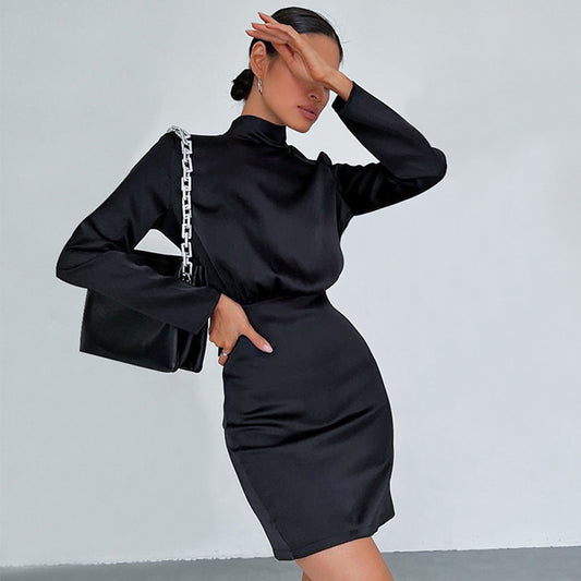 Satin Bow Backless Long Sleeve High Neck Solid Color Bodycon Mini Dress Wholesale Dresses