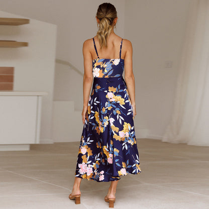 Sexy Deep V Floral Sling Midi Dress Backless Slim Vacation Slit Wholesale Dresses