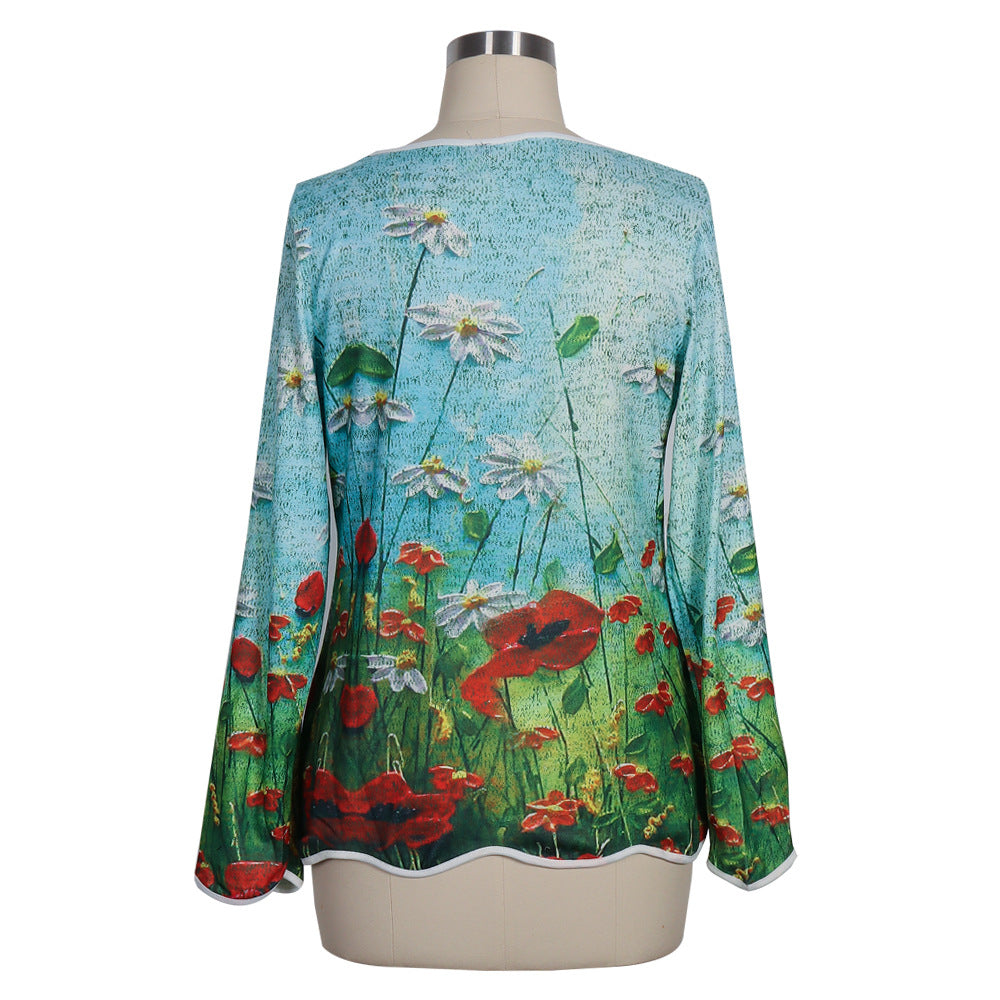 Loose V Neck Print Tops Wholesale Womens Long Sleeve T Shirts