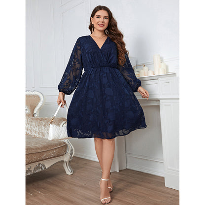 Long Sleeve V Neck Curvy A-Line Dresses Wholesale Plus Size Clothing