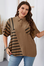 Turn Down Collar Striped Print Button Down Wholesale Plus Size Tops for Summer