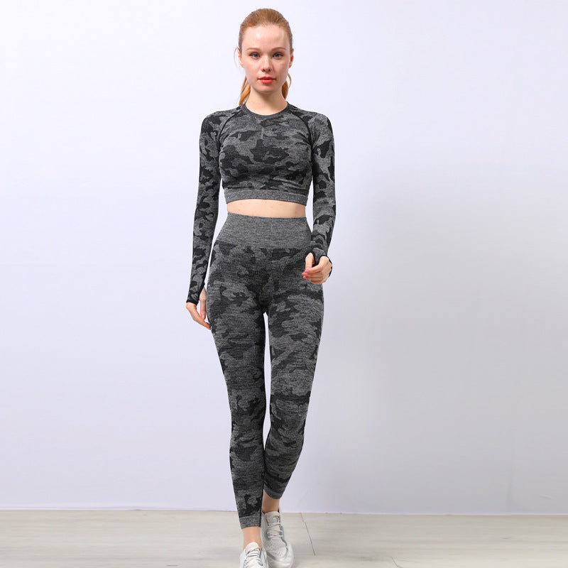 Camo Print Long-Sleeve Tops & Bra & Leggings Yoga Suit Wholesale Activewear Sets