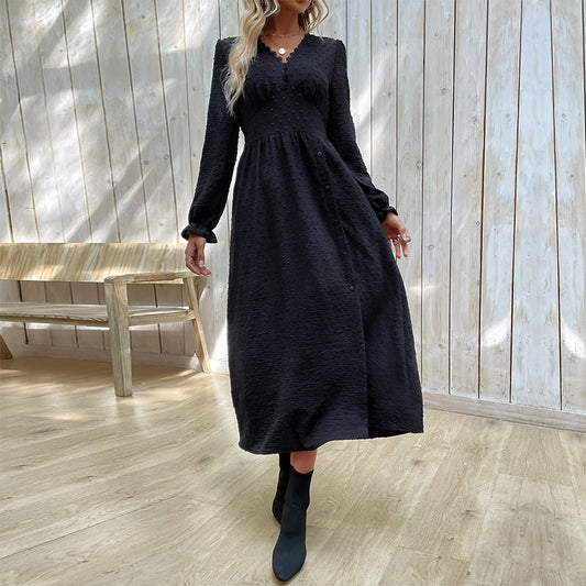 Side Slit Button-Down Slim-Fit Solid Color Long-Sleeved Midi Dress Wholesale Dresses