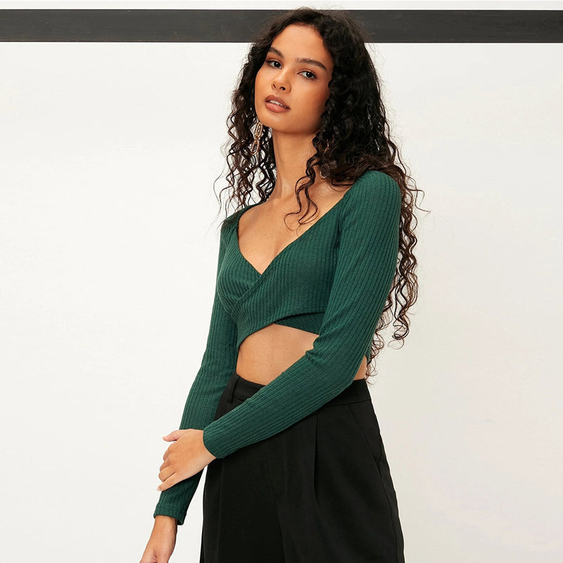Sexy Deep V Slim Short Shirt Solid Color Long-Sleeved Wholesale Crop Tops