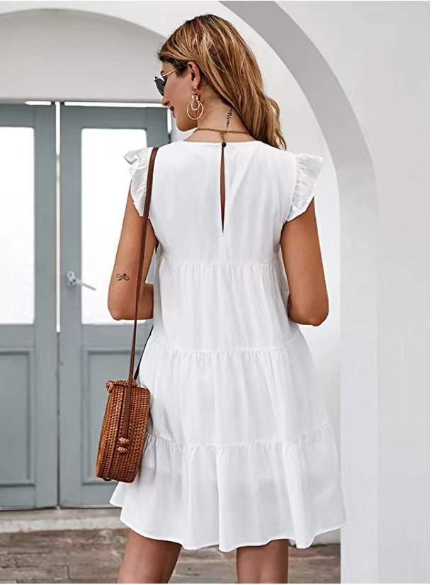 Frill Sleeve Solid Color Round Neck Loose Pleated Smocked Dress Casual Wholesale Dresses