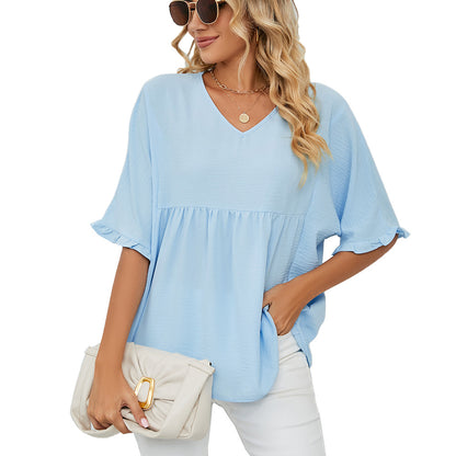 Solid Color V-Neck Loose Gathered Stitching Chiffon T-Shirts Wholesale Womens Tops