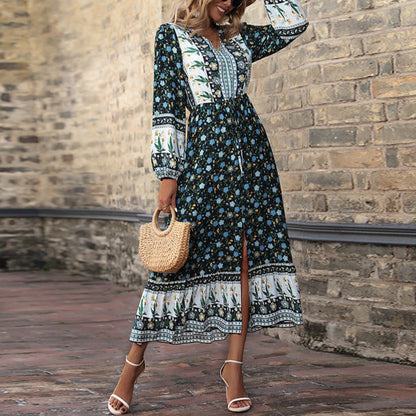 Printed V Neck Puff Boho Dresses Wholesale Bohemian Dress For Women