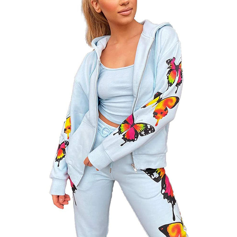 Women's Butterfly Print Long Sleeve Hooded Zipper Loose Sports Wholesale Activewear Sets