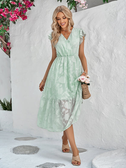 Casual V-Neck Ruffled Sleeve Floral Smocked Dress Wholesale Dresses