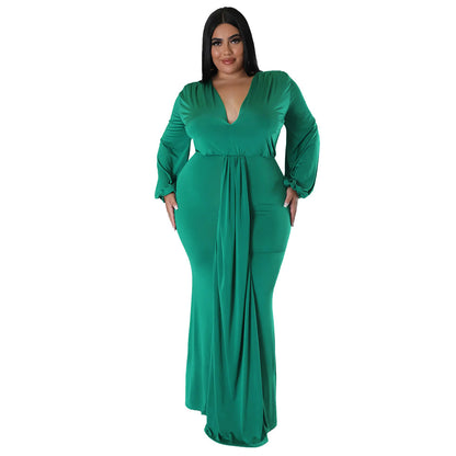 Long Sleeve V Neck Curvy Maxi Dresses Wholesale Plus Size Clothing