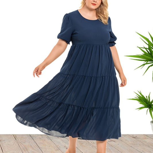 Round Neck Curvy Smocked Loose Dresses Wholesale Plus Size Clothing