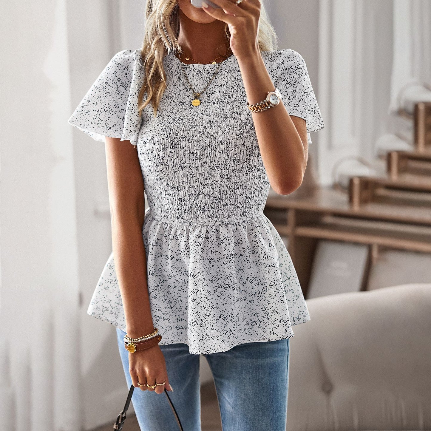 Printed Puff Sleeve Waist Tunic Top Casual T-Shirt Wholesale Womens Tops