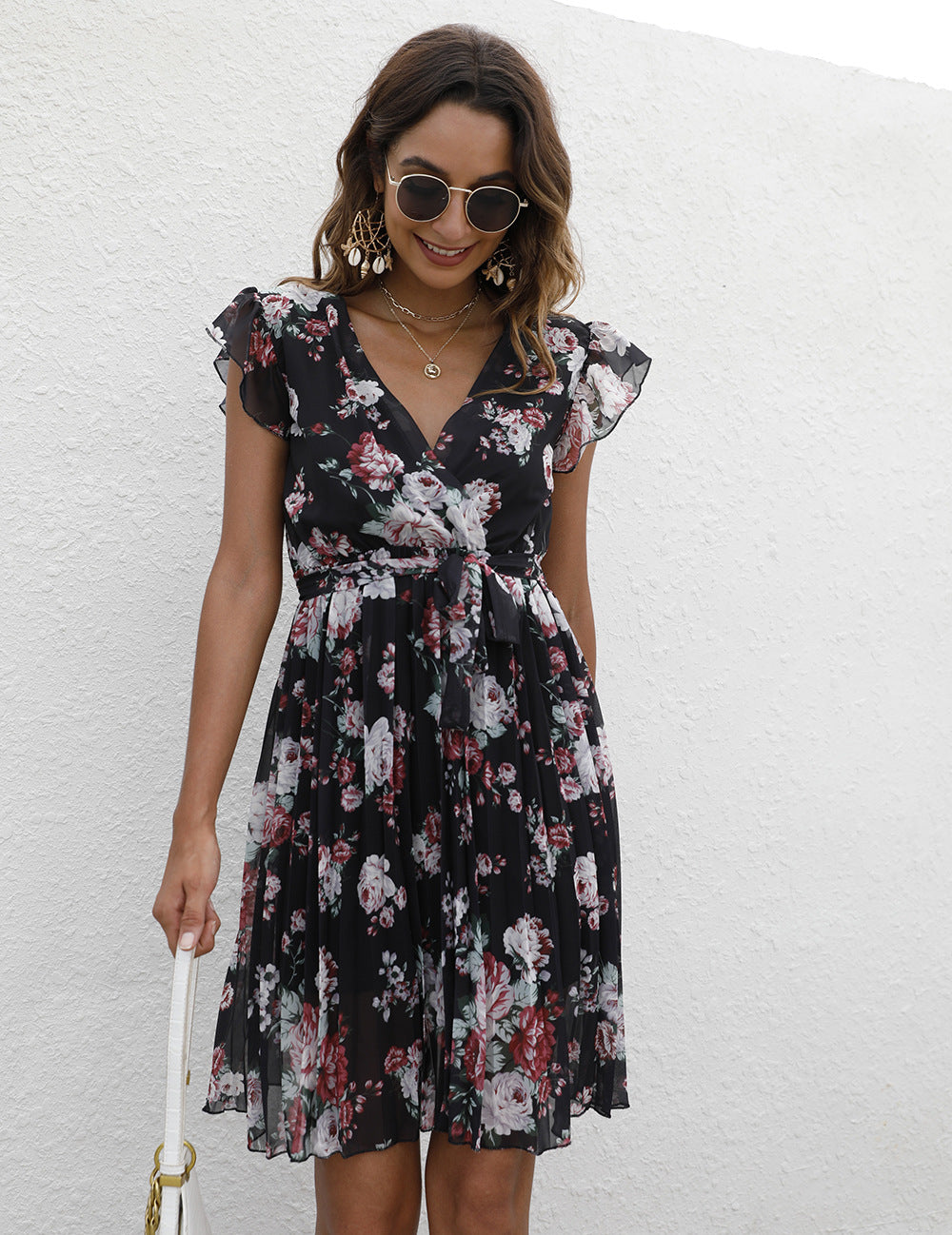 V-Neck Floral Print Ruffle Sleeve Tie-Up Chiffon Swing Dress Casual Wholesale Dresses