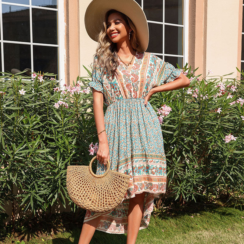 Printed Irregular Hem Boho Dresses V Neck Puff Sleeve Casual Vacation Wholesale Bohemian Dress For Women