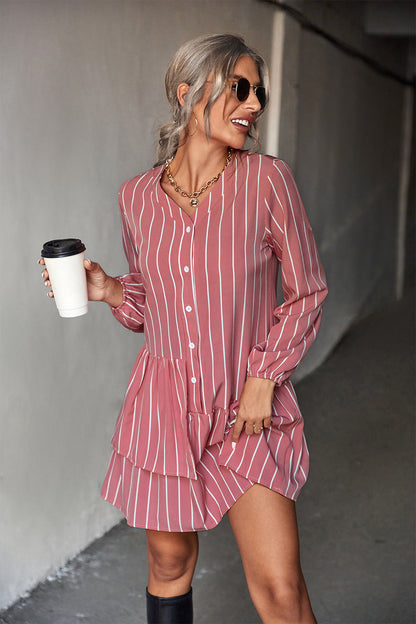 Striped Long Sleeve Irregular Ruffled Dress Wholesale Dresses