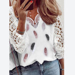 Fashion Print V Neck Tops Lace Splicing Loose Hollow Out Wholesale Womens Long Sleeve T Shirts