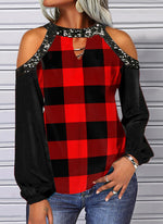 Sexy Off Shoulder Plaid Tops O Neck Wholesale Womens Long Sleeve T Shirts