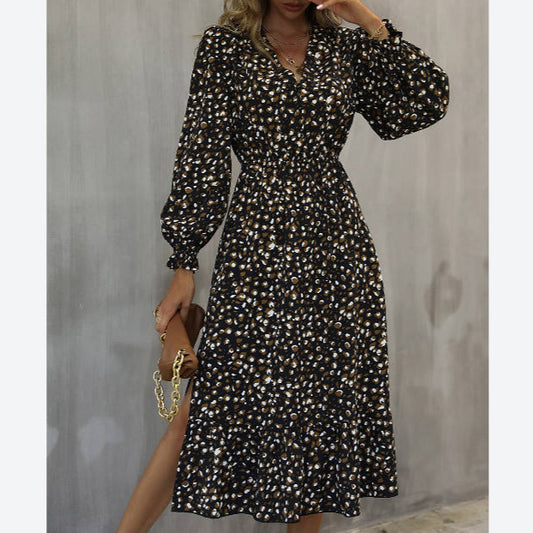 Printed V-Neck Puff Long Sleeve A-Line Dress Wholesale Dresses