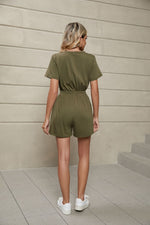 Solid Color Loose Short Sleeve Tie Pocket Rompers Wholesale Jumpsuits