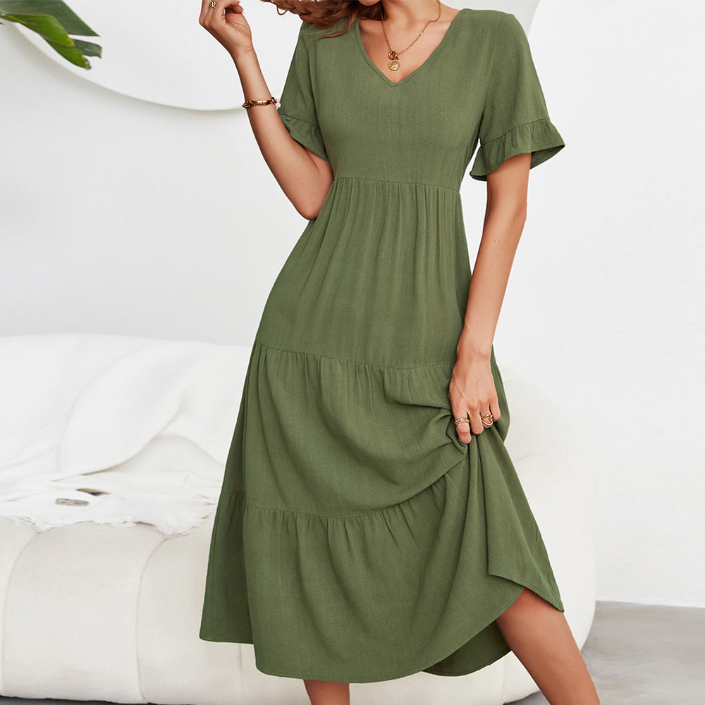 Fashion Loose V-Neck Swing Dress Solid Color Short Sleeve Wholesale Dresses