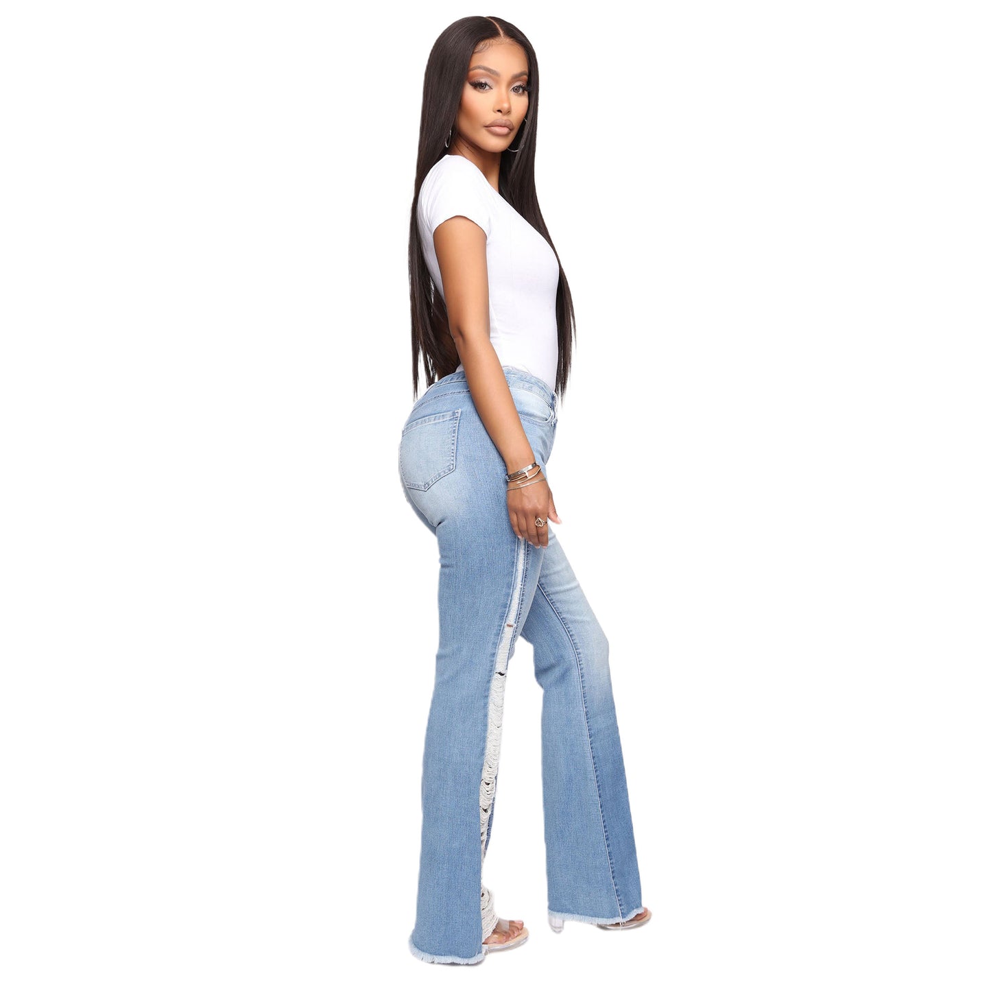 Packed Hip Light Blue Women Denim Trousers Wholesale Jeans