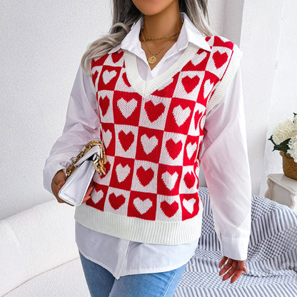 Love Pattern V Neck Sleeveless Knitted Sweater Vest Wholesale Women Clothing