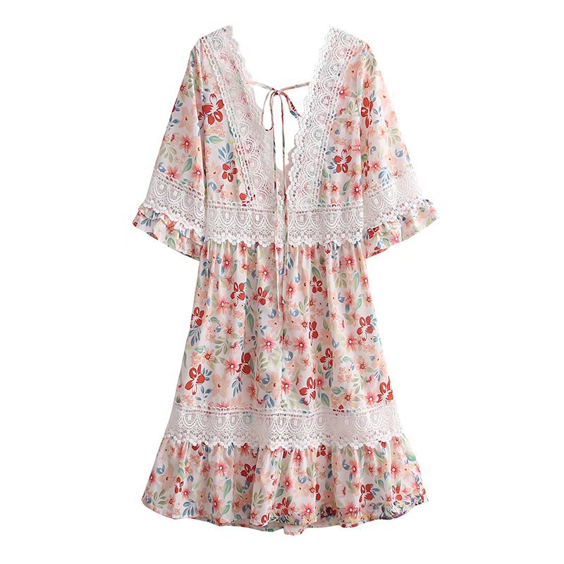 Flare Sleeve Floral Print V-Neck Vintage Lace Dress Wholesale Dresses