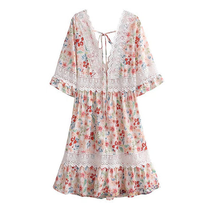 Flare Sleeve Floral Print V-Neck Vintage Lace Dress Wholesale Dresses