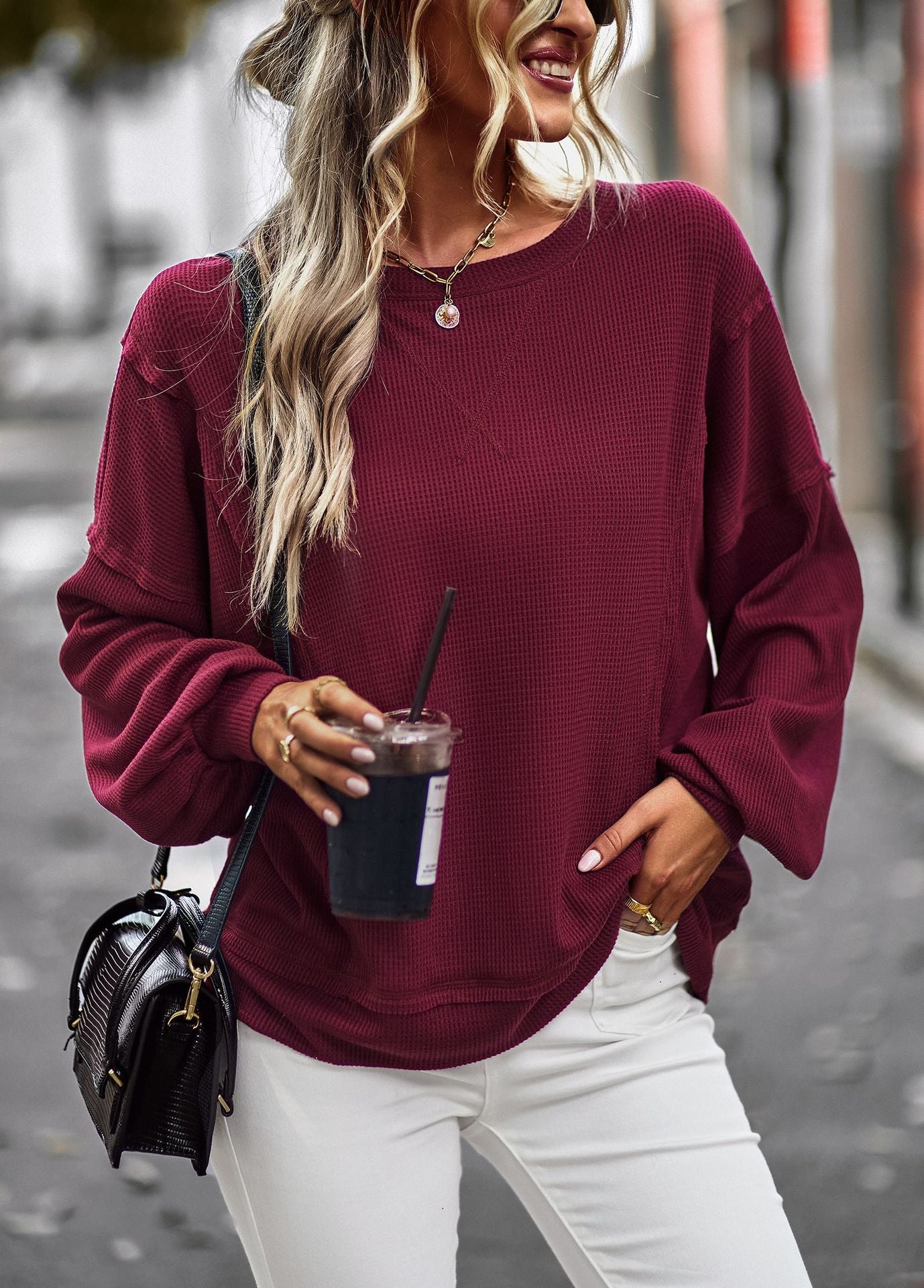 Solid Color Off Shoulder Long Sleeve Loose T-Shirts Wholesale Womens Tops