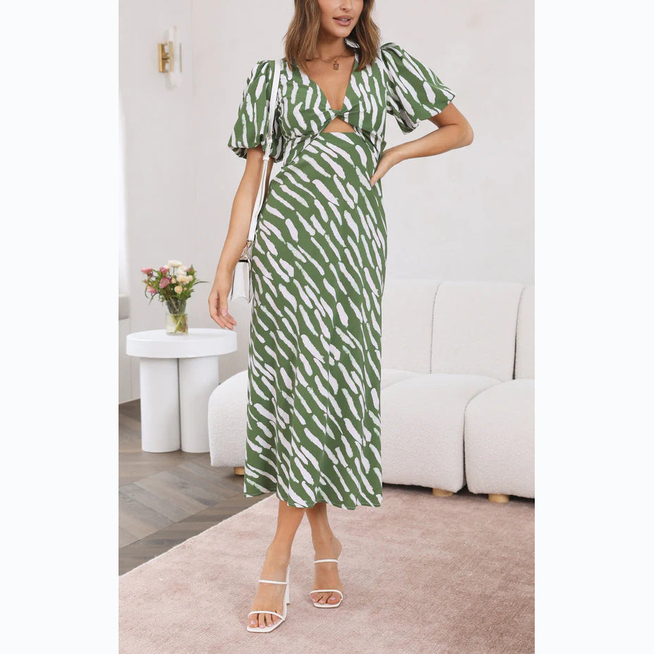 Printed Puff Short Sleeve Hollow V-Neck A-Line Midi Dress Wholesale Dresses