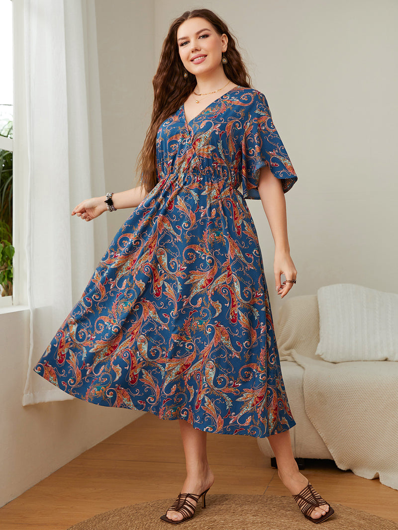 Fashion Chiffon Print V Neck Midi Dress High Waist Loose Short Sleeve Dresses Wholesale Plus Size Clothing
