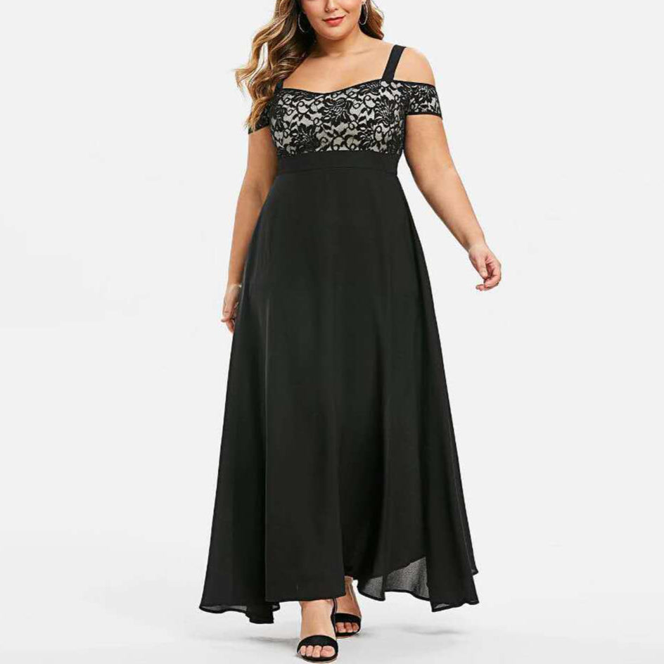 One-Shoulder Lace Women Curvy Maxi Dresses Wholesale Plus Size Clothing